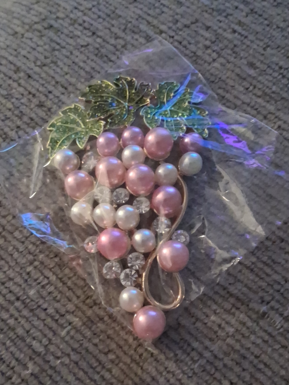 Pink Pearl Grape Cluster Brooch with Green Leaves
